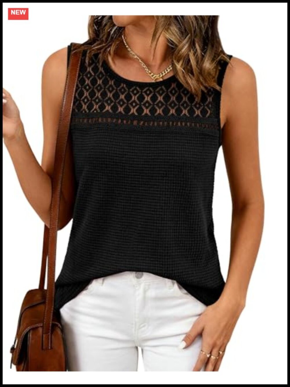 Waffle Knit Sleeveless Tank Top Loose Fit Crew Neck Casual Summer Blouse